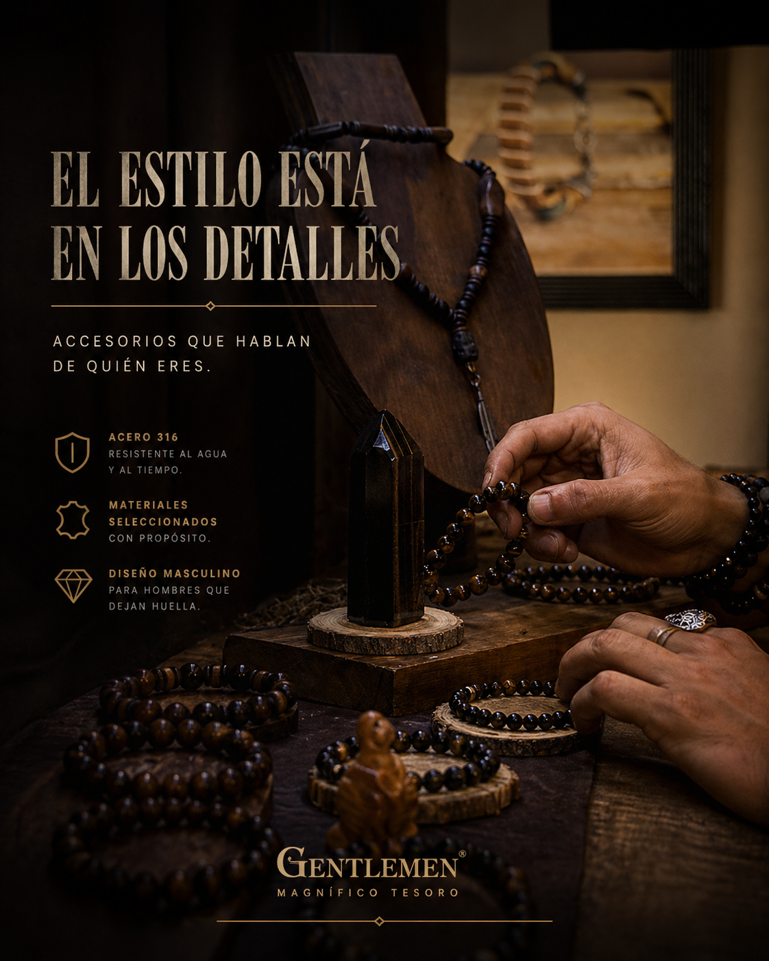 Accesorios Gentlemen MT en acero, cuero y piedras naturales